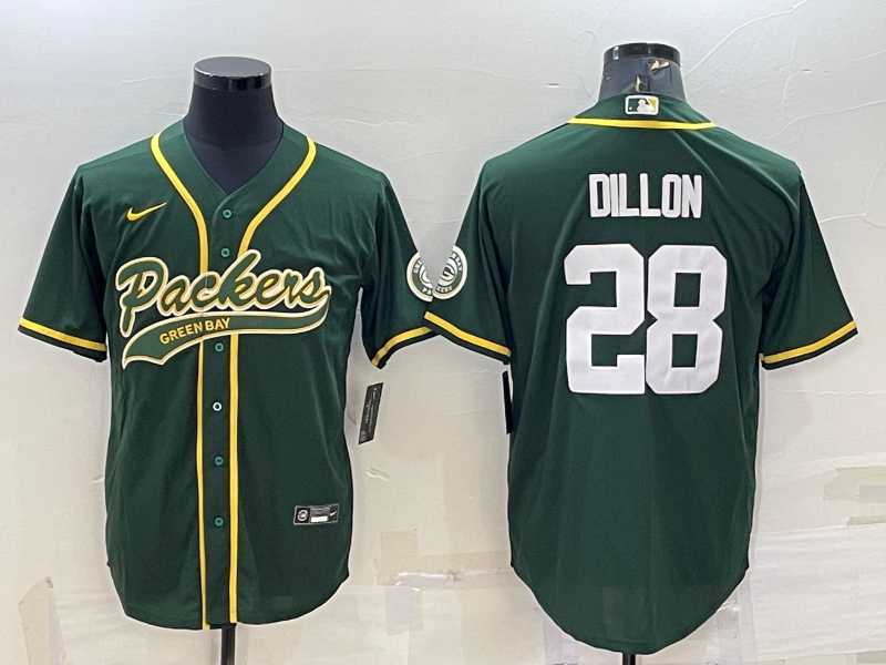 Mens Green Bay Packers #28 AJ Dillon Green With Patch Cool Base Stitched Baseball Jersey->green bay packers->NFL Jersey
